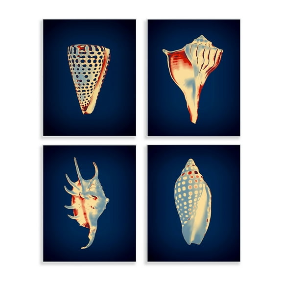 Stupell Industries Bright Shells on Indigo Nautical & Beach Painting Unframed Art Print Wall Art, 11 x 14, Set of 4