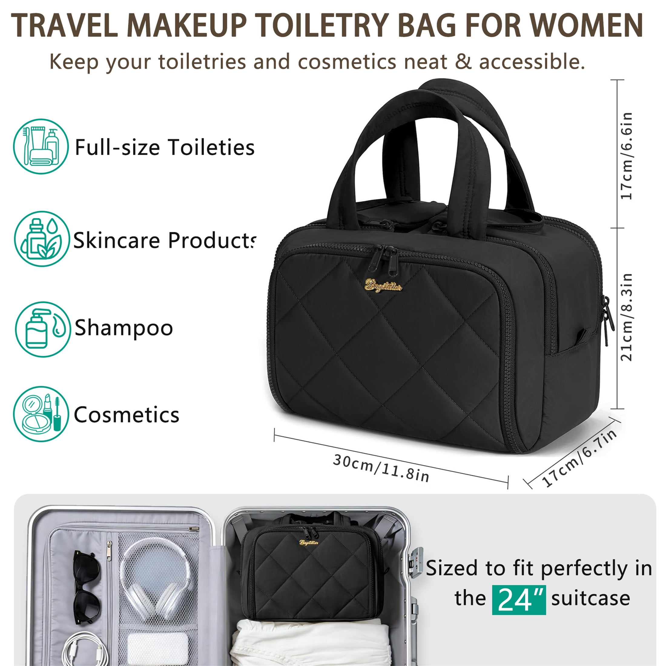 Puffy Travel Toiletry Bag for Women, Wide-Open Cosmetic Makeup Bag Organizer with Handle, Lightweight Quilted Travel Bag for Accessories, Essentials, Toiletries, Black
