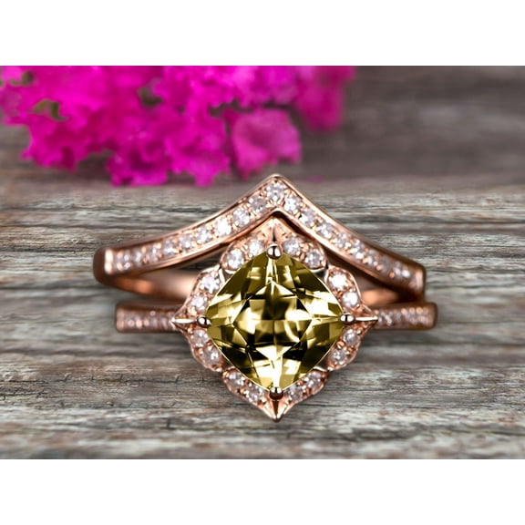 2.55 Carat Champagne Diamond Moissanite Engagement Ring On 10k Rose Gold With V-Shape Matching Wedding Band Anniversary Ring HALO 7mm Cushion Cut