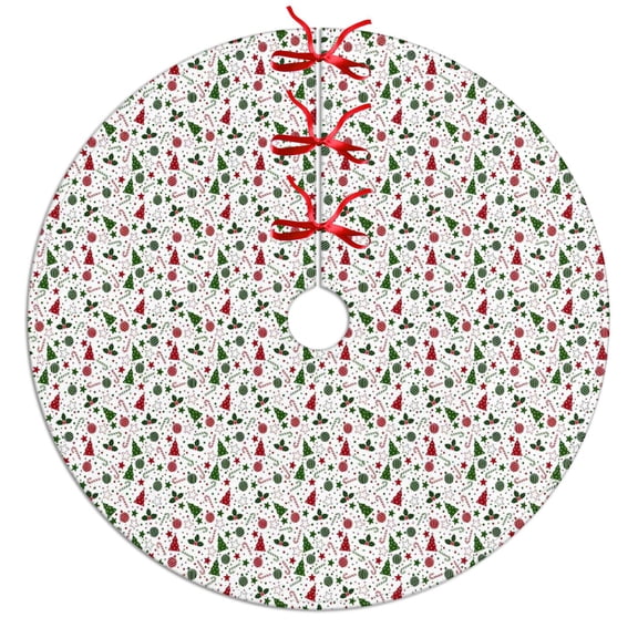 Christmas Tree Skirt,White Christmas Tree and Ornament Pattern Christmas Tree Decor with Red Ribbon Ties,Round Shape,Christmas Decorations for Home 30"x30"