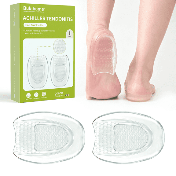 Bukihome Honeycomb Heel Cushion Pads for Achilles Tendonitis Relief 1 Pairs Clear Silicone for Most Shoes,Size S