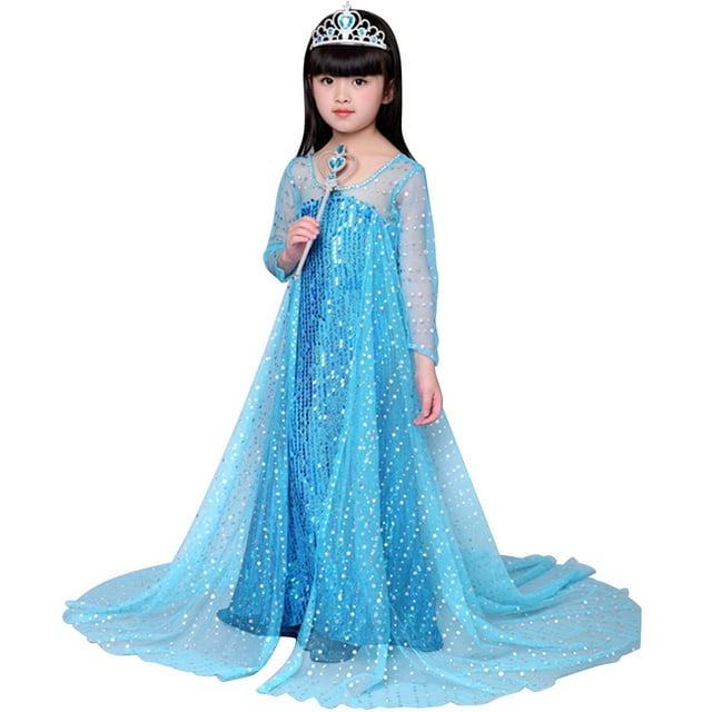 Elsa Robe pour Filles Enfants Robe de Princesse avec Cape Costume de Cosplay d'Halloween Longue Robe Déguisement de Fête d'Anniversaire