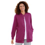 Woman Within Women's Plus Size Fleece Baseball Jacket Color: Raspberry Size: MEDIUM