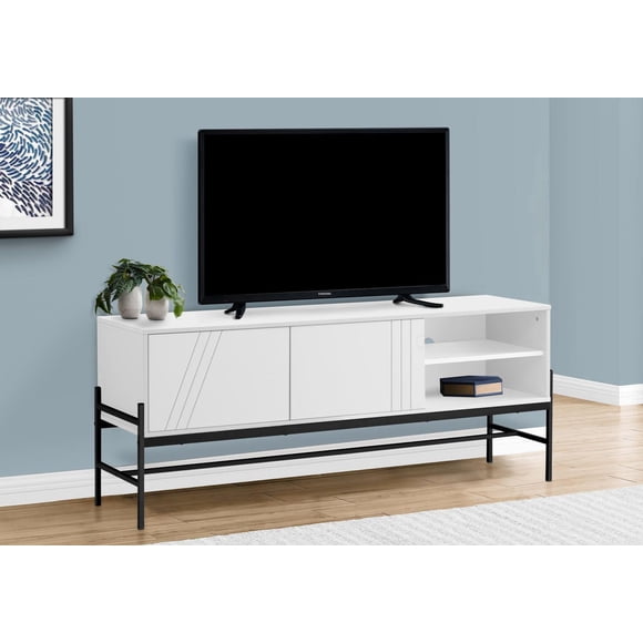 Monarch Specialties Tv Stand, 60 Inch, Console, Media Entertainment Center, Storage Cabinet, Living Room, Bedroom, White Laminate, Black Metal, Contemporary, Modern