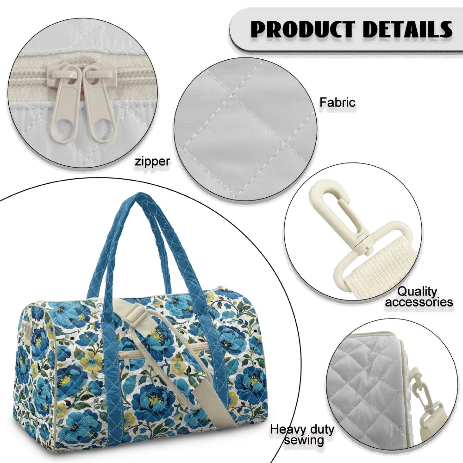 Chririnla Quilted Luggage Bag for Dad Universal Fit Travel Bag Soft Duffle with Separate Compartment & Smooth Zipper Fits, Blue Peony Pattern