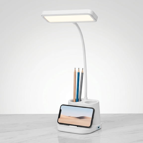 NOYAFA 6.3" Integrated LED Rechargeable Dimmable White Gooseneck Desk Lamp with Pen Holder