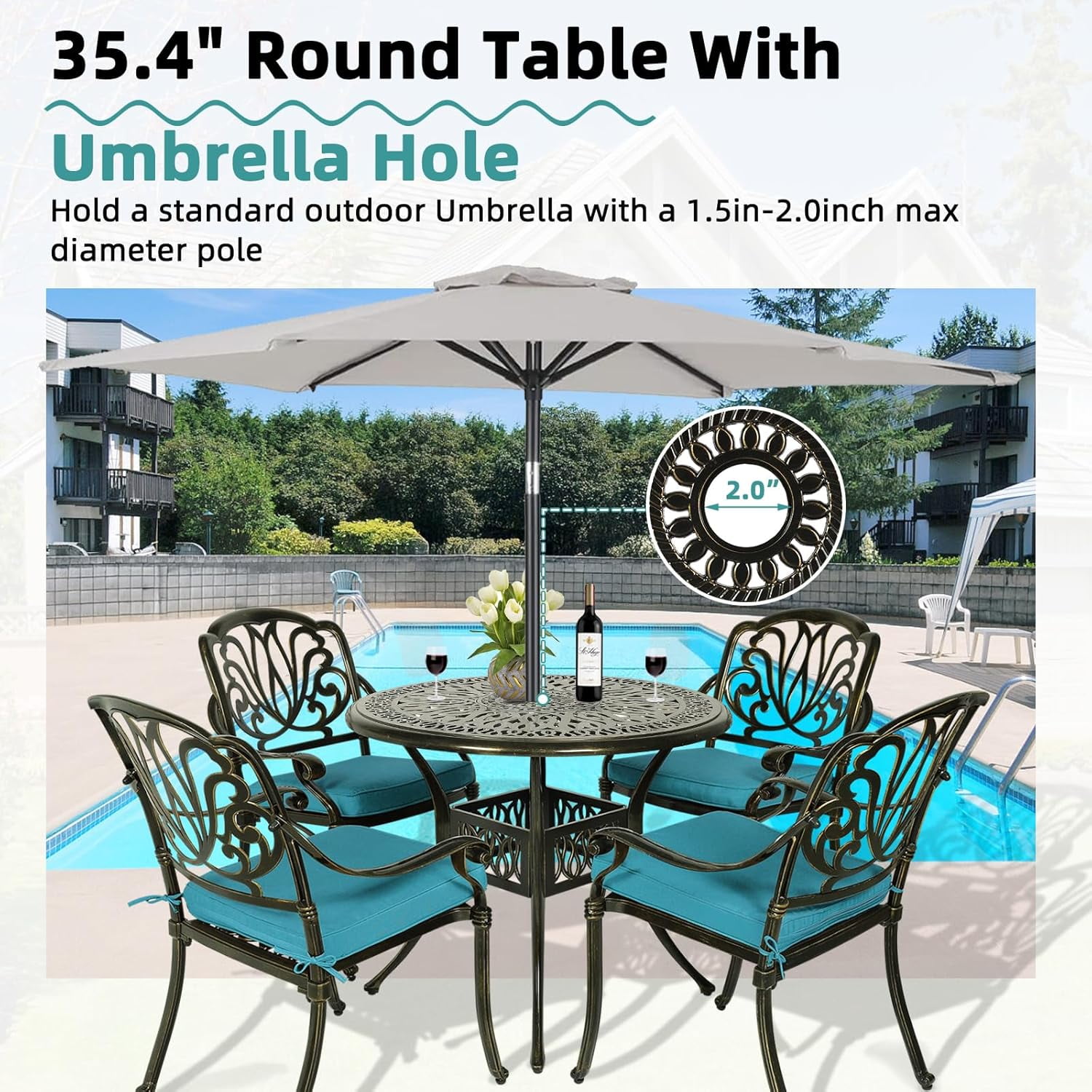 MEETWARM 5 Piece Outdoor Furniture Patio Dining Set, All-Weather Cast Aluminum Patio Table and Chairs Set- 4 Cushioned Chairs, 1 Round Dining Table with Umbrella Hole for Backyard, Ocean Blue
