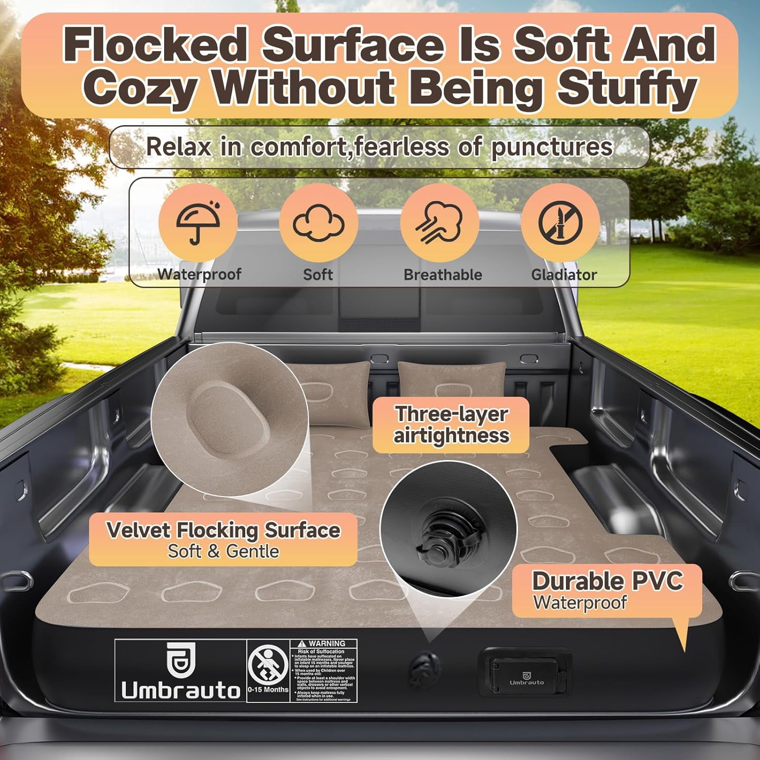 Umbrauto Truck Air Mattress for 6-6.5ft Full Size Truck Bed, Rechargeable Wireless Pump, Upgraded Peach Skin Fabric Top, Pickup Tent Airbed for Outdoor Travel(Black)