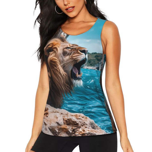 Balery Ice Blue Coastal Lion Camiseta sin mangas estampada ligera para mujer, tops de entrenamiento sin mangas, camisetas de yoga transpirables de secado rápido.-Medium