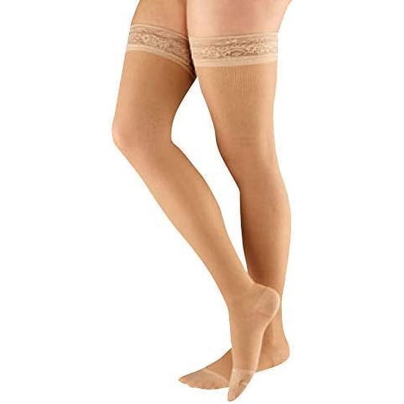 Actifi Women’s Thigh High Compression Stockings 8-15 mmHg Support Hose | Lightweight sheer breathable latex-free fabric with lace silicone top band, wide toe box and shaped heel for all-day comfort