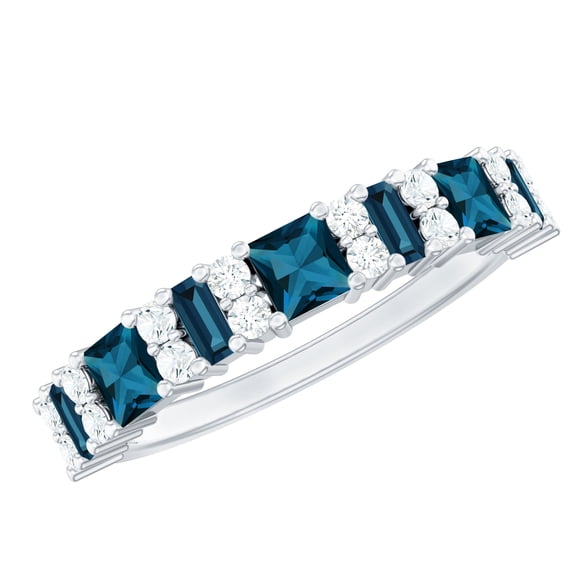 Rosec Jewels London Blue Topaz Eternity Ring with Moissanite - Half Eternity Band Ring - Ready to Gift for Mom, 925 Sterling Silver, US 4.00
