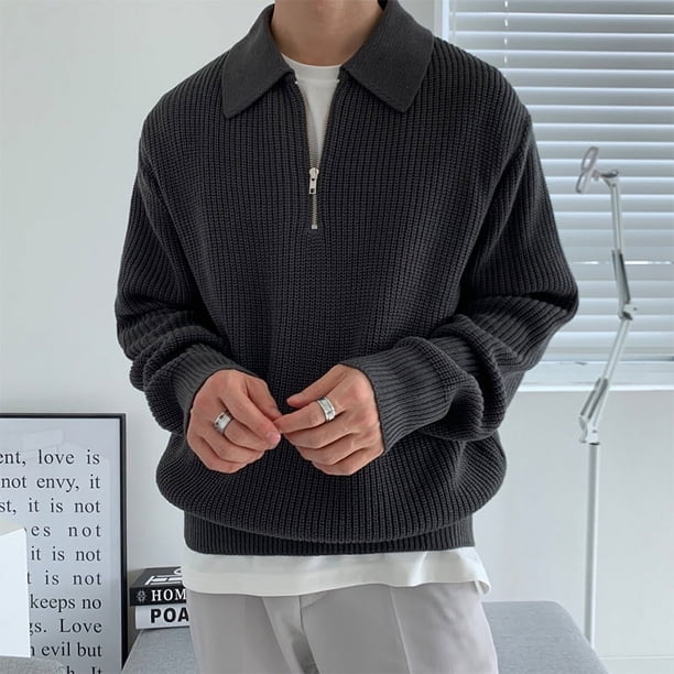 Suéter con media cremallera para hombre, estilo otoño e invierno, estilo retro, estilo perezoso, suéter de punto con solapa, suéter informal holgado de moda