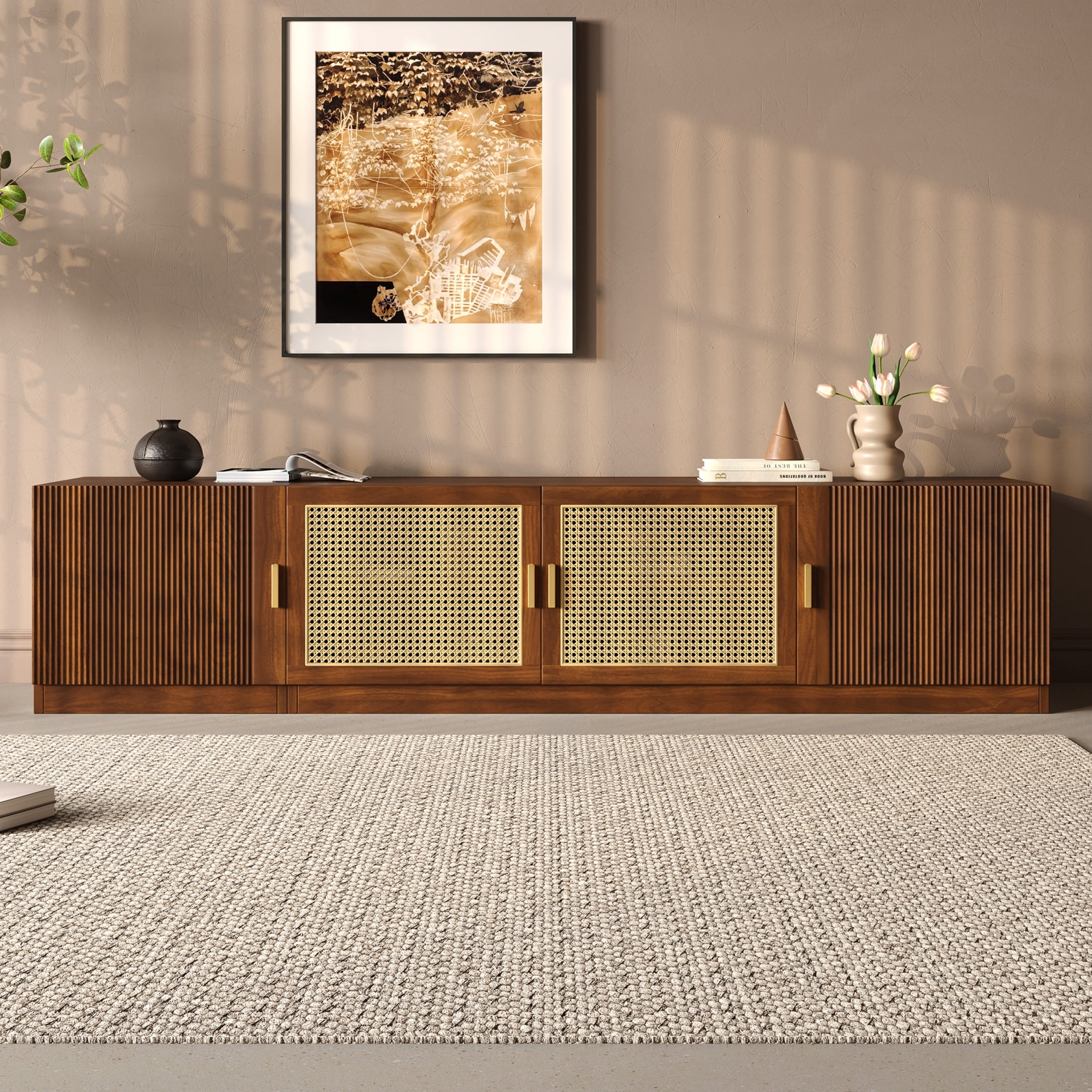 Noble House TV Stand for TVs up to 85", Media Console with Rattan Doors and Adjustable Shelves, Walnut