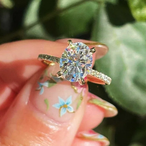 14K Yellow Gold Plated Oval Cut 3ct Simulated Diamond Engagement Ring with Side Stones