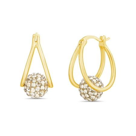 Gold Plated Brass Crystal - Lesa Michele Women's Faceted Crystal Floating Fireball Double 15MM Hoop Earrings in Yellow Gold Plated Brass Made with Swarovski Crystals (Color: Champagne)