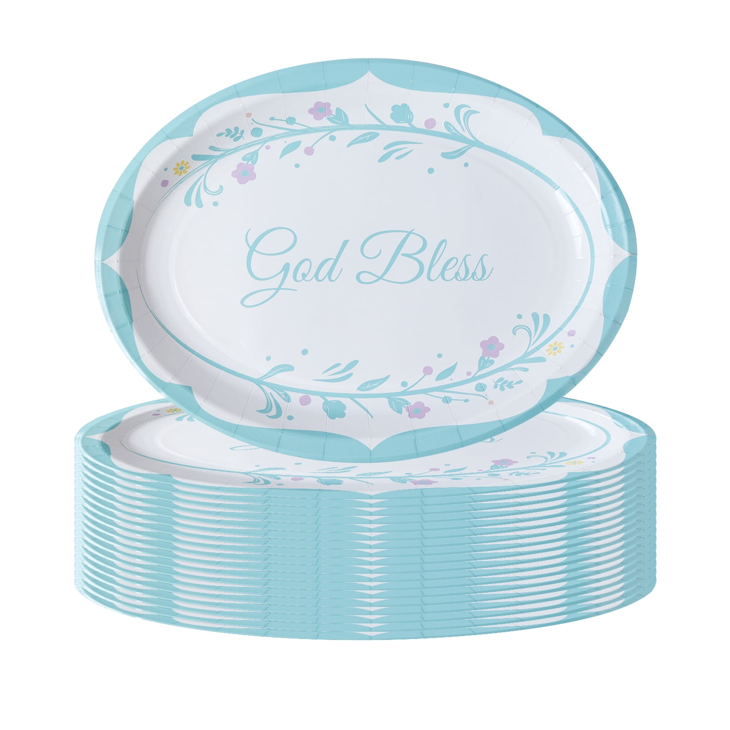 25 Pack Big Baptism Plates, 12 inch Blue Religious God Bless Paper