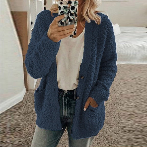 Luxalzxs Plus Size Winter Coats for Women Solid Color Fleece Sweater Coat Fluffy Sherpa Jacket Open Front Coat Cardigan Button Down Outerwear Winter Warm Coat Jacket
