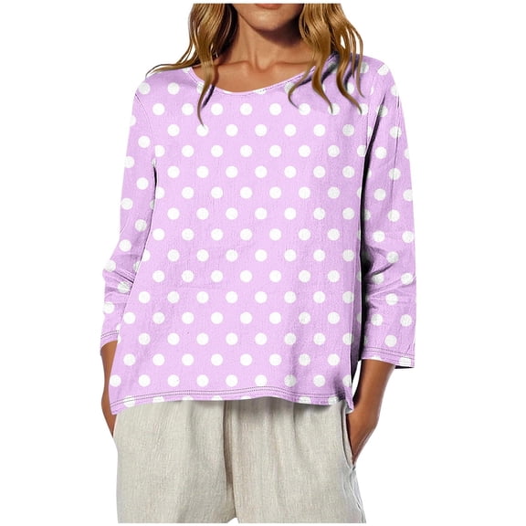 YUGYXL Womens Polk Dots T Shirts 3/4 Length Sleeve Crew Neck Tunic Tops Fall Clothes Winter Casual Loose Comfy Tops Purple M