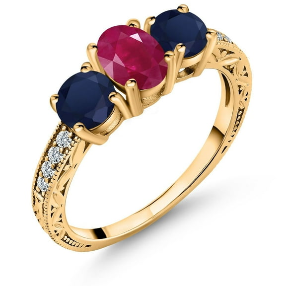 Gem Stone King 2.32 Ct Oval Red Ruby Blue Sapphire 18K Yellow Gold Plated Silver Ring (Size 7)