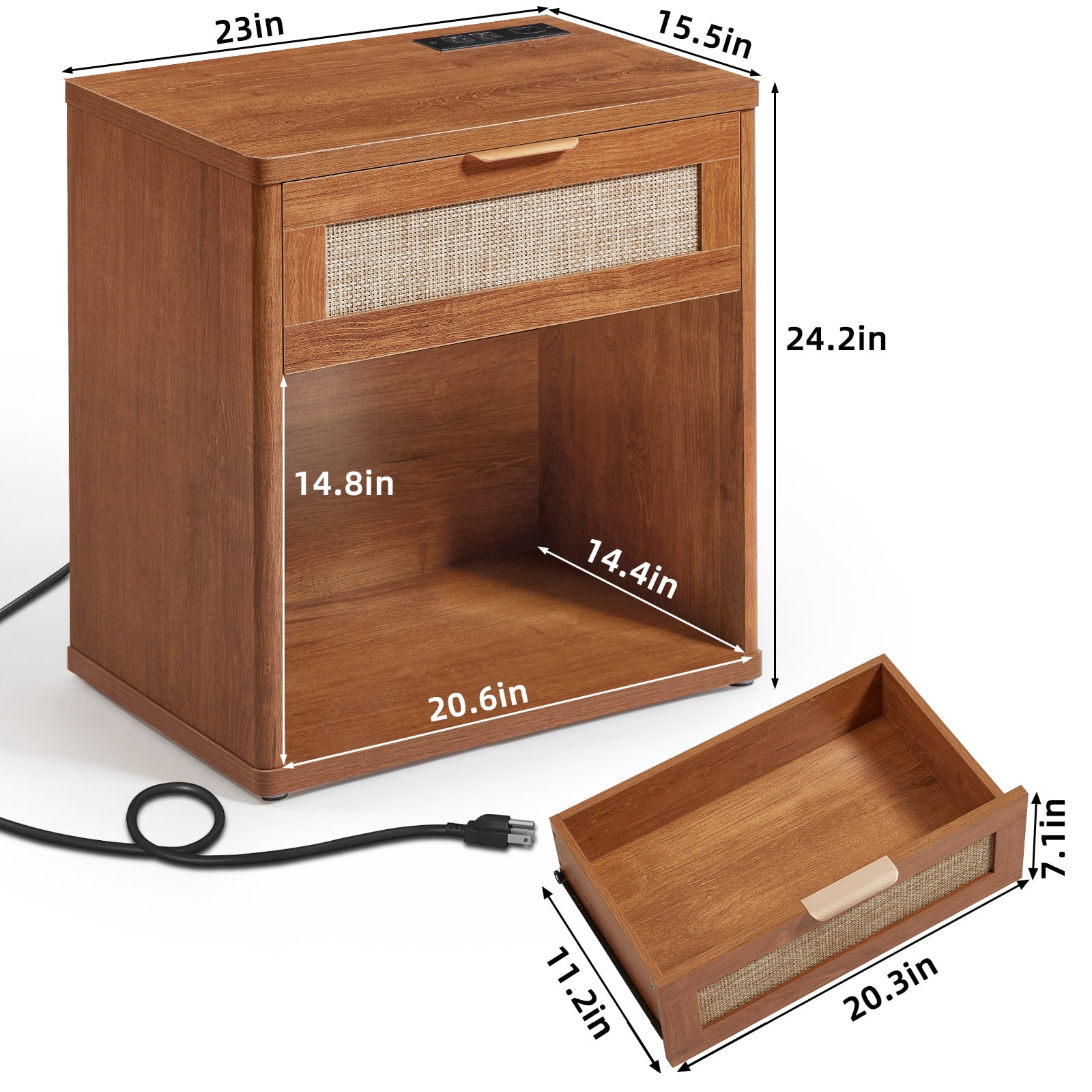 LELELINKY 2pc Rattan Nightstand with Charging Station, 23" Wide Boho Bedside Table with Drawer and Shelf for Bedroom, Living Room, Tea Color