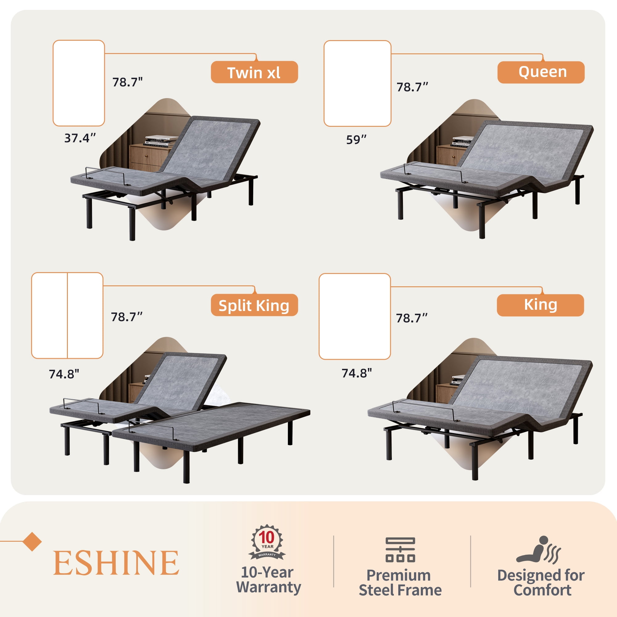 ESHINE Adjustable Bed Frame Twin XL, Upholstered Base with Massage, Wireless Remote, USB Ports, Under Bed Lighting, Grey, 3100 Series