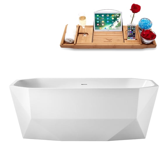 63" Streamline G-45-208-GLD Soaking Glossy White Freestanding Tub and Tray With Internal Drain in Polished Gold