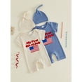 thumbnail image 3 of Cenuakty Baby 3M 6M 12M Boy Independence Day Jumpsuit Short Sleeve Round Neck Letter Flag Embroidery Romper with Hat, 3 of 9
