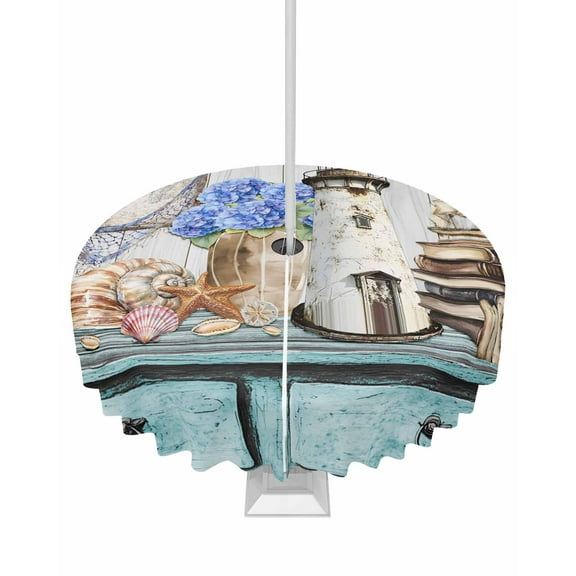 Hokiten Outdoor Tablecloths with Umbrella Hole & Zipper, Vintage Lighthouse Coastal Round Tablecloths 60 Inch, Nautical Ocean Sea Retro Art Waterproof Table Cloth, Patio/Pool/Picnic Table Covers
