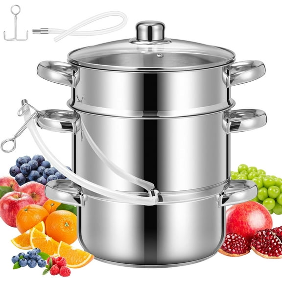Stainless Steel Steam Juicer Extractor Fruit Vegetables Juicer Steamer Pot 5 Qt with Tempered Glass Lid, 2 Hose, Clamp, Loop Handles