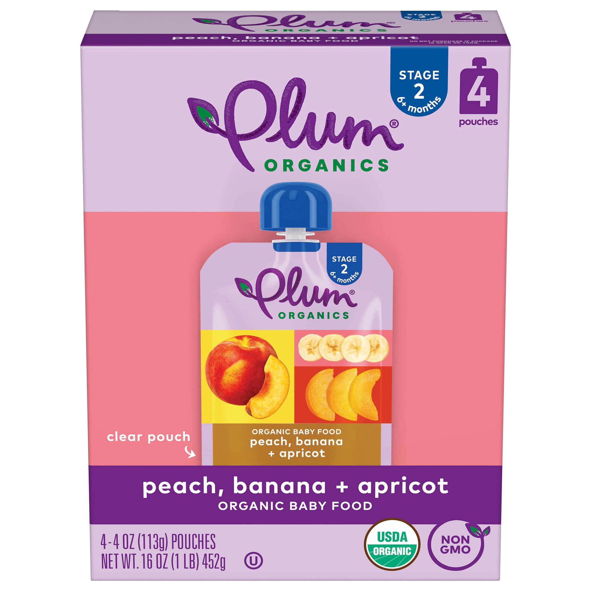 Plum Organics Stage 2 Organic Baby Food Peach, Banana and Apricot 4oz Pouch-4-Pack