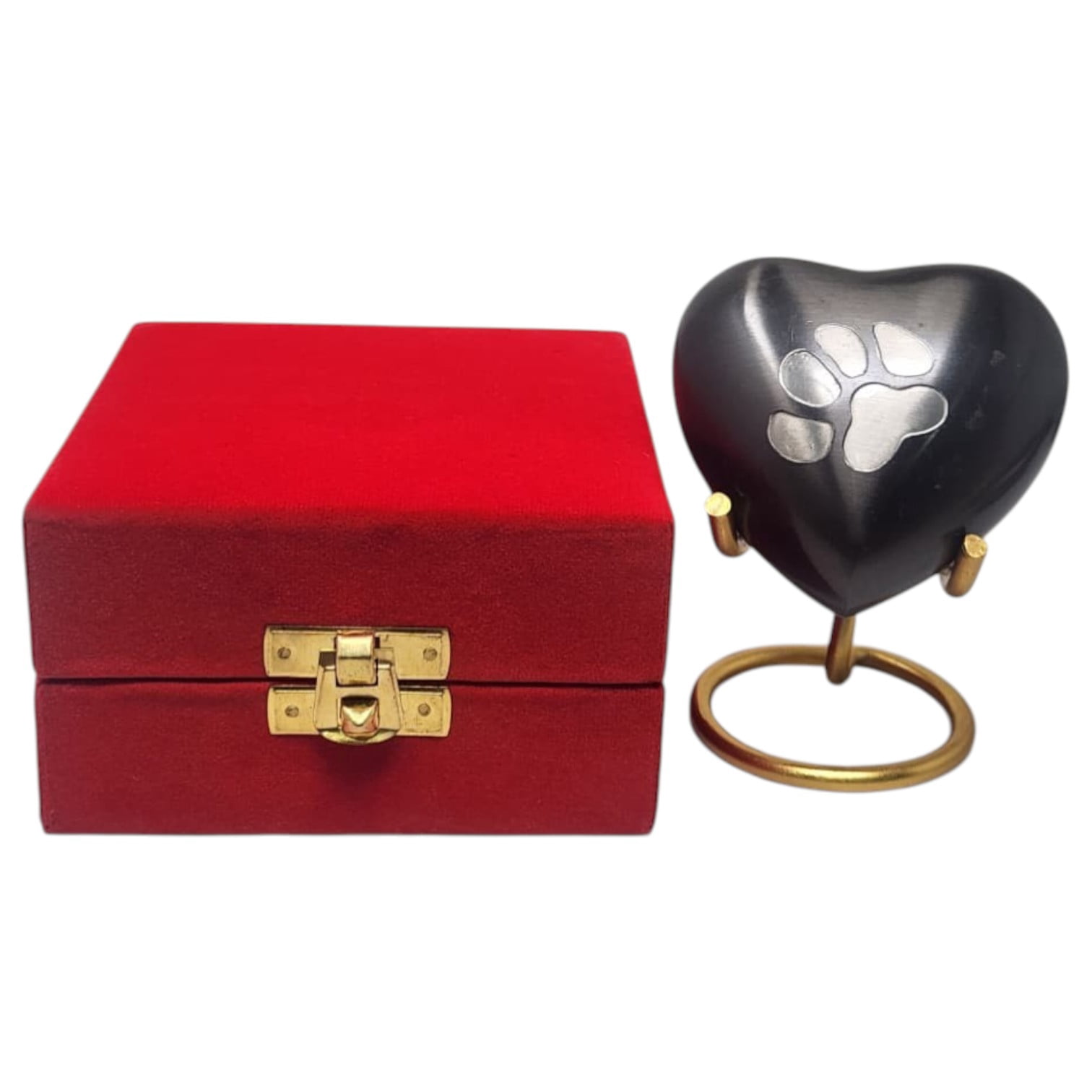 SMIURNS Matte Black Heart Pet Cremation Urn - Small Keepsake Urn for Dog or Cat Ashes with Hand-Engraved Silver Paw Print - Includes Red Velvet Box and Display Stand