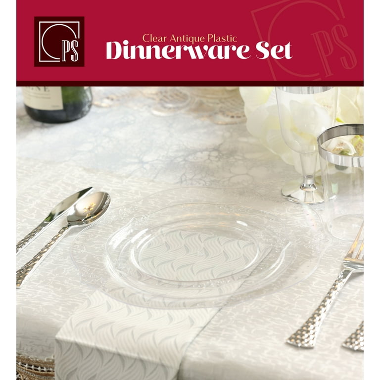 Antique Collection Clear Plastic Plates Set Elegant Disposable Dinnerware Set Includes 20 10 Dinner Plates and 20 7 Salad Plates Fancy