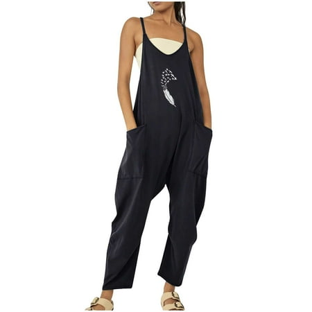 

Jsezml Overalls for Women Loose Fit Sleeveless V Neck Wide Leg Jumpsuits Fashion Feather Graphic Rompers with Pockets