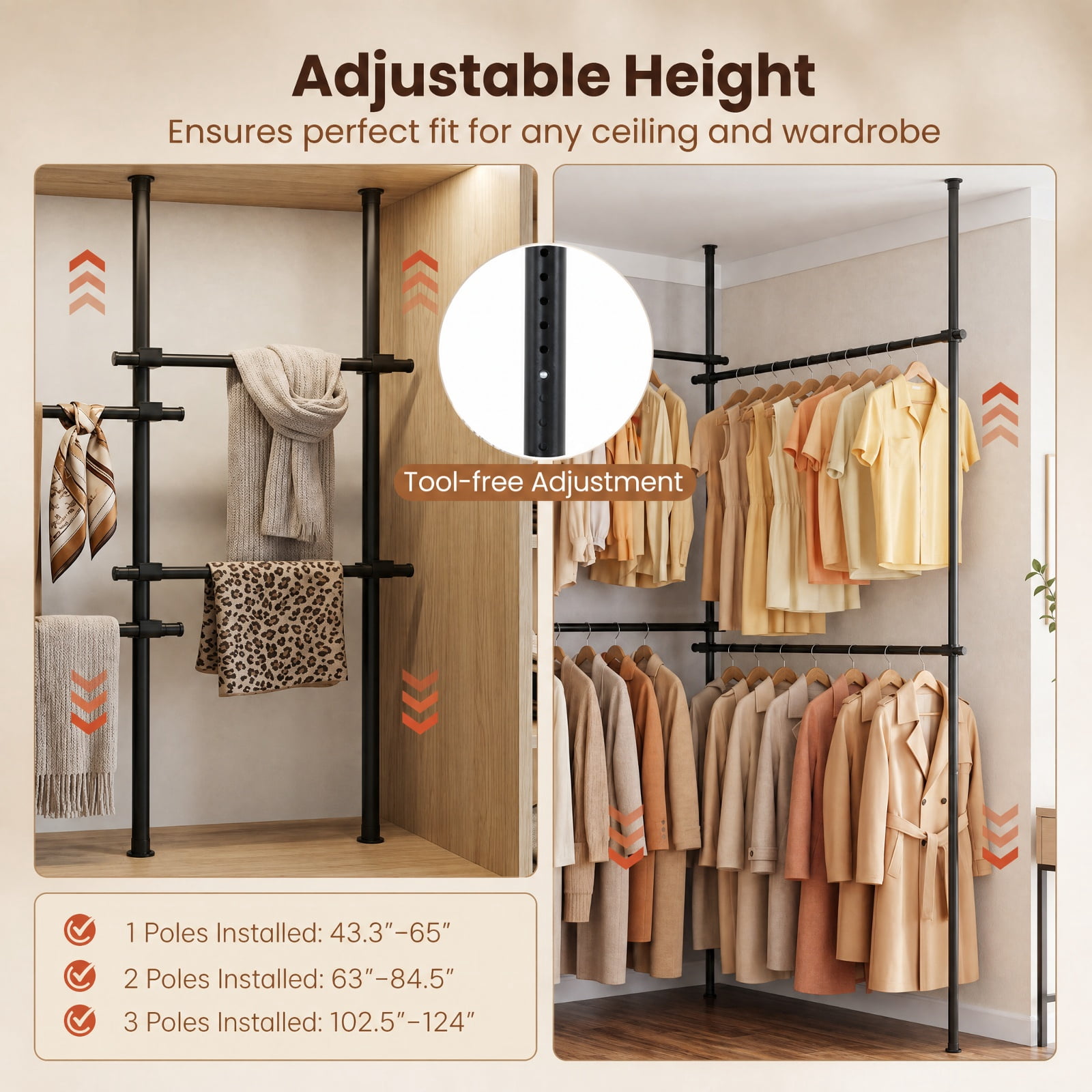 Furnibear Adjustable Floor to Ceiling Clothes Rack with 4 Hanging Rods Telescoping Double Garment Organizer for Bedroom Closet Shop, Black