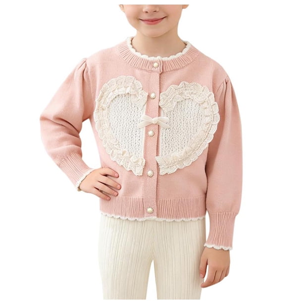 Suéter de cuello redondo para primavera y otoño e invierno para niñas, suéter con lazo en forma de corazón y botones de perlas, cárdigan de manga larga, suéter para niños, parte superior de poliéster