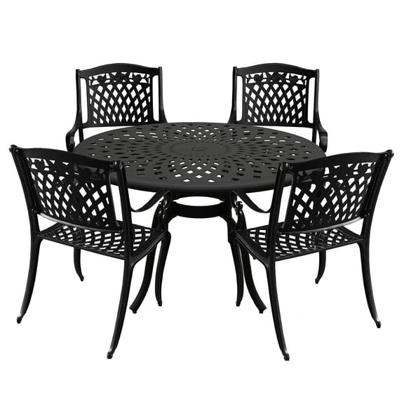 Outdoor Aluminum 5pc Round Black Patio Dining Set with Four Chairs
