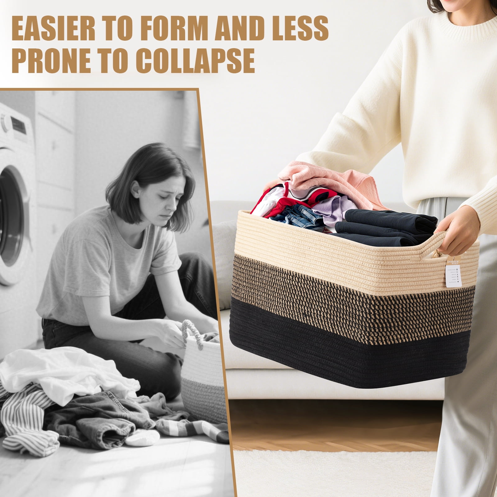 LIZEVINC Large Blanket Basket, 21.6" x 15.7" x 11.8" Rectangle Woven Laundry Basket, Cotton Rope Toy Basket With Handle, Storage Baskets for Organizing for Living Room, Bedroom, Baby Room