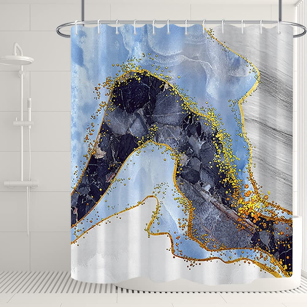 Marble Bathroom Shower Curtain Blue Black Gold Waterproof Fabric Shower Curtains with Hooks Watercolor Abstract Shower Curtains Cloth for Home Bath Decor 72x72 inches
