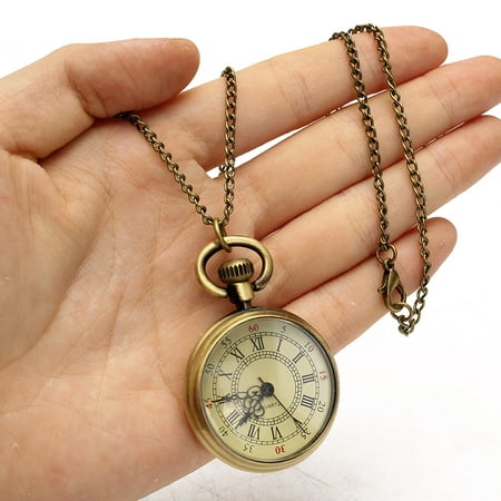 Vintage Bronze Yellow Dial 31.5'' Chain Antique Pocket Watch Men's Necklace Gift