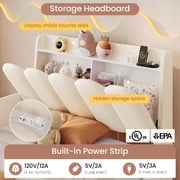 Twin Size Upholstered Bed with Storage Drawer and LED Light,Twin Bed Frame with Safety Guardrails and Chic Wavy Headboard,Velvet Princess Bed with Charging Station,Heavy Duty Metal Support,Beige