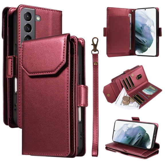 Compatible with Samsung Galaxy S21 Case Wallet with Strap RFID Blocking Card Holder, Multifunctional Wallet Purse Handbag Premium PU Leather Magnetic Flip Kickstand Phone Case,Red