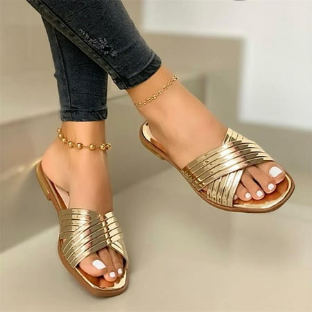 

BRISEZZS Women s Slide Sandals- New Style Open Toe Casual Beach Summer Flat Slide Sandals #416 Gold-37