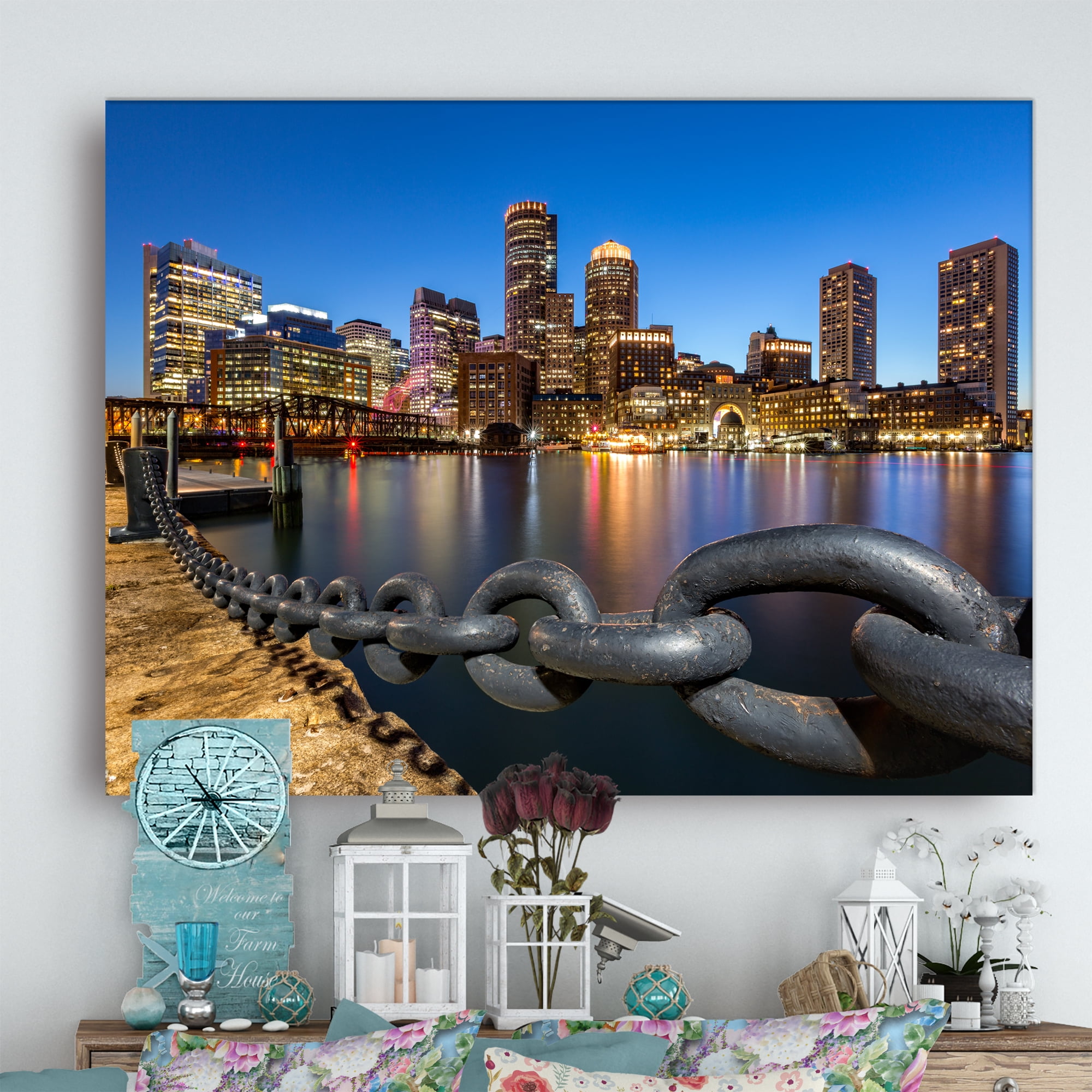 Designart 'Boston Skyline at Dusk ' Cityscape Photo Canvas Print