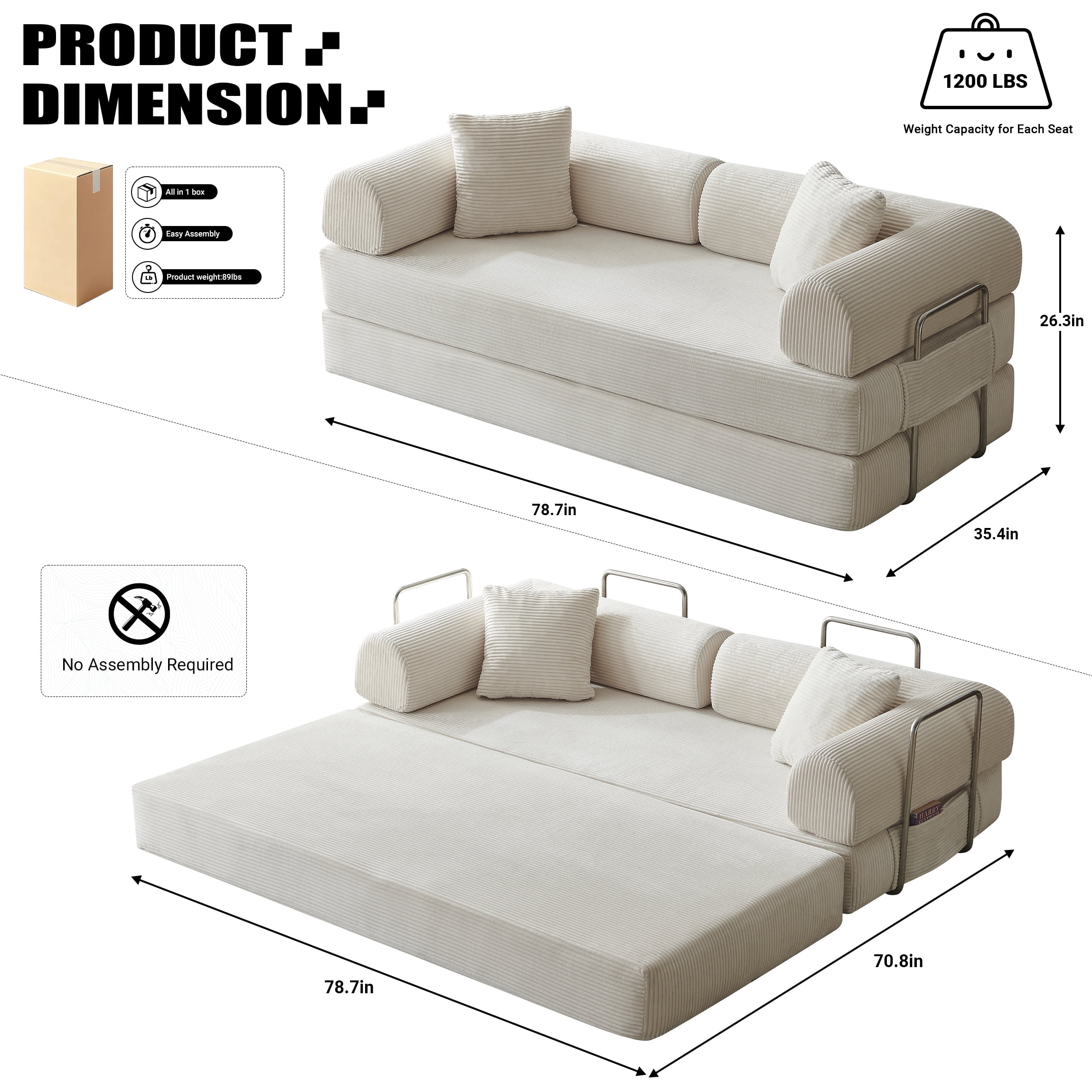 Vanress 78" Convertible Sofa Bed, Folding Sleeper Sofa Couch Bed with Fixed-Shape Frame, Pull-Out Sleeper Loveseat, Corduroy Boneless Futon Bed, No Assembly Required for Living Room & Bedroom, White