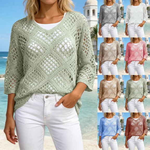 CAIXIA Crochet Coverups for Women Long Sleeve Plus Size Knit Cover Up Top Hollow Out Boho Summer Beachy Crocheted Tops