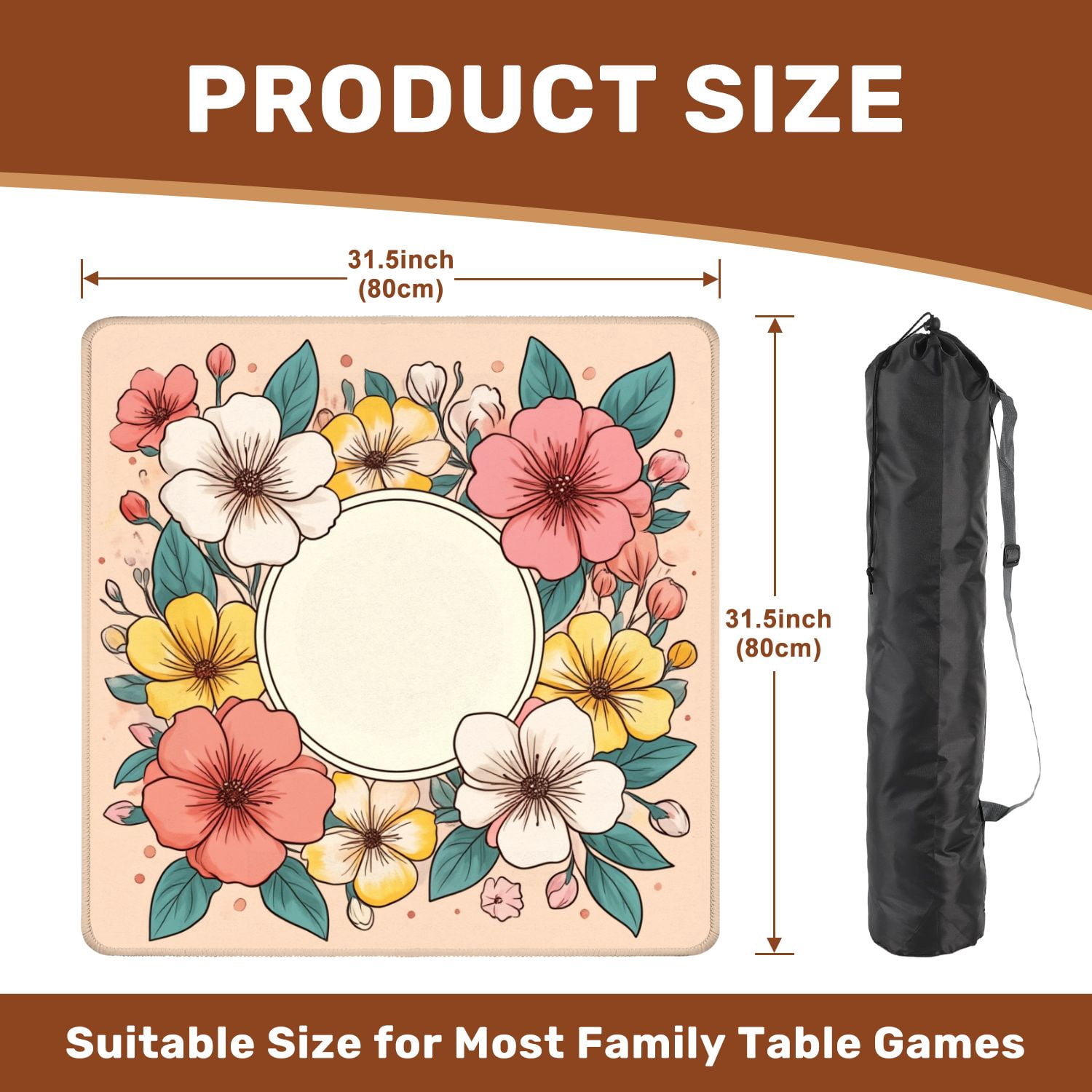 Mahjong Mat 31.5" x 31.5" Floral Wreath Colorful Pink Yellow White Flowers Pastel Non-Slip Noise Reduction American Mahjong Tiles Table Cover for Dominoes Poker Card Board Games Gift