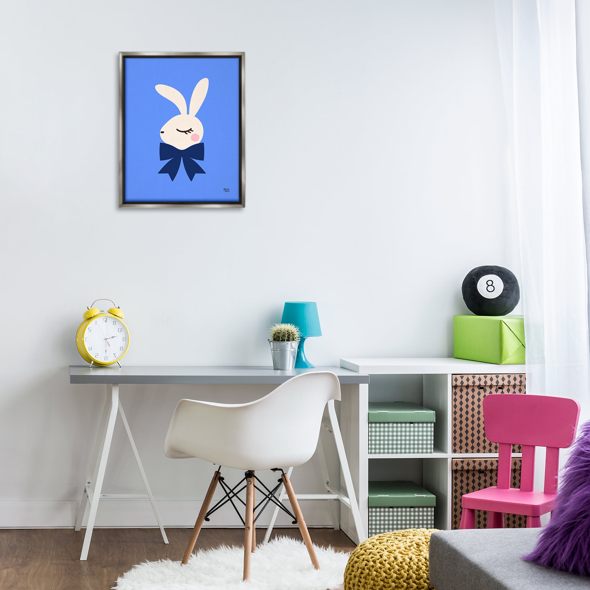 Stupell Industries Rabbit with Ribbon on Blue Animals Painting Gray Floater Framed Canvas Art Print Wall Art, 17 x 21