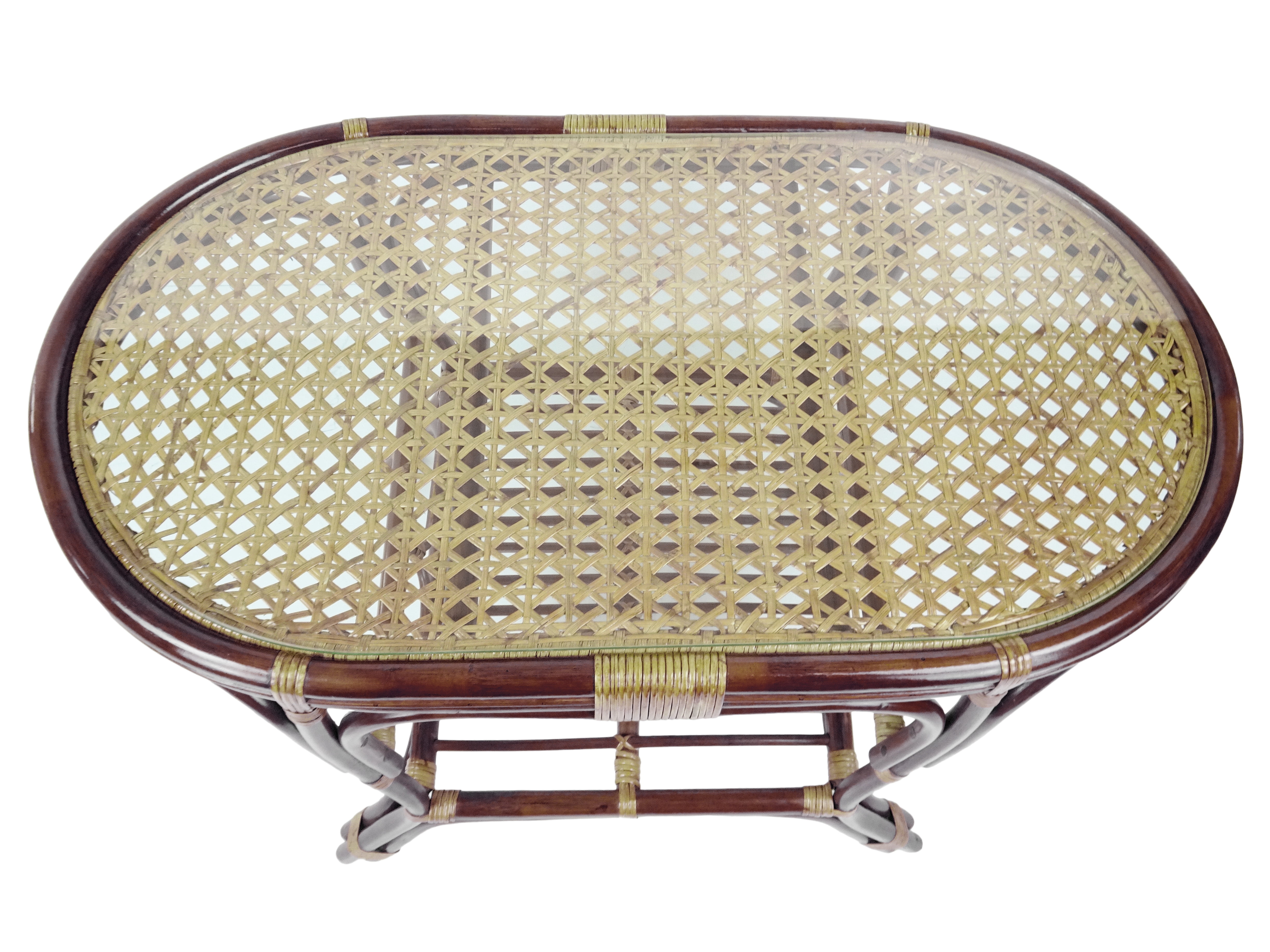 SK New Interiors Pelangi Oval Coffee Table Natural Rattan Wicker ECO Handmade Design w/ Glass Top, Dark Brown