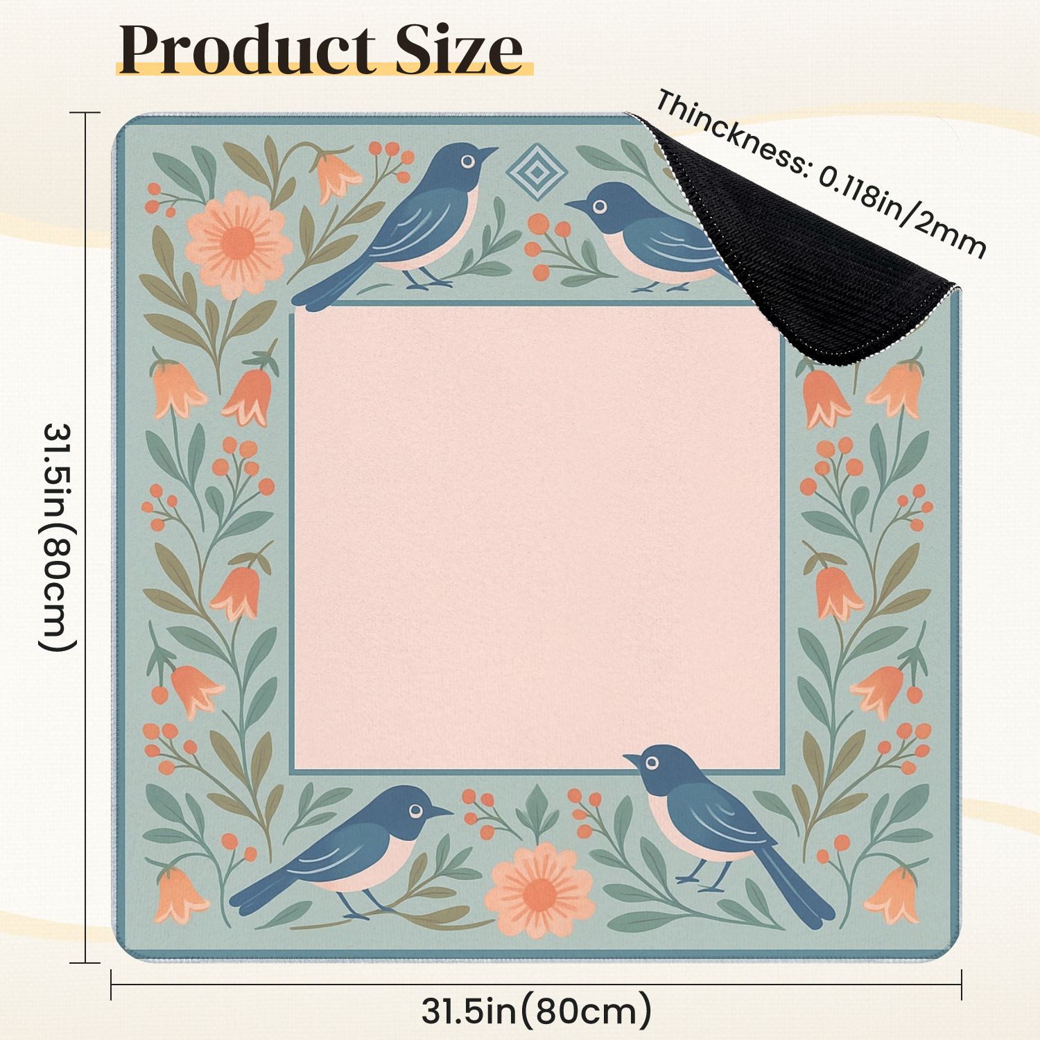 Mahjong Mat 31.5" x 31.5" Vintage Floral Border Birds Soft Pastel Colors Anti-Slip and Noise Reduction Symmetry Design Mahjong Tiles Table Cover for Dominoes Poker Card Board and Tile Games