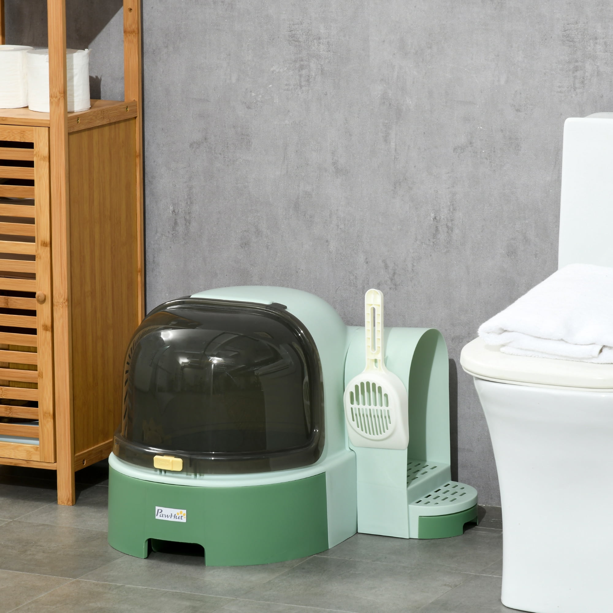 Covered Cat Litter Box with Lid Space Capsule Design Openable Front Cover Litter Scoop Included Easy to Clean Anti-Tracking Private Odor-Locking Litter Box Green
